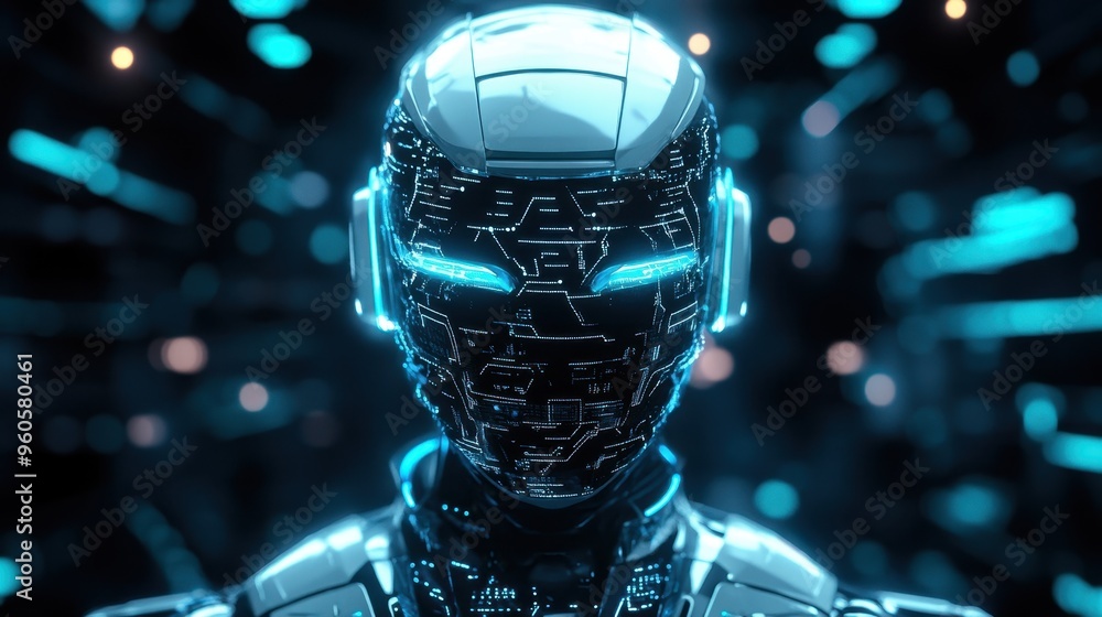Poster digital innovations unveiled: futuristic holographic robot with glowing interconnected patterns