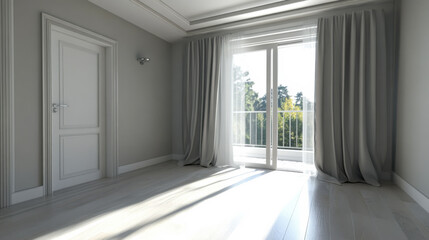 Fototapeta premium Bright, modern interior of a minimalist room with large windows and elegant curtains overlooking a serene garden during daytime