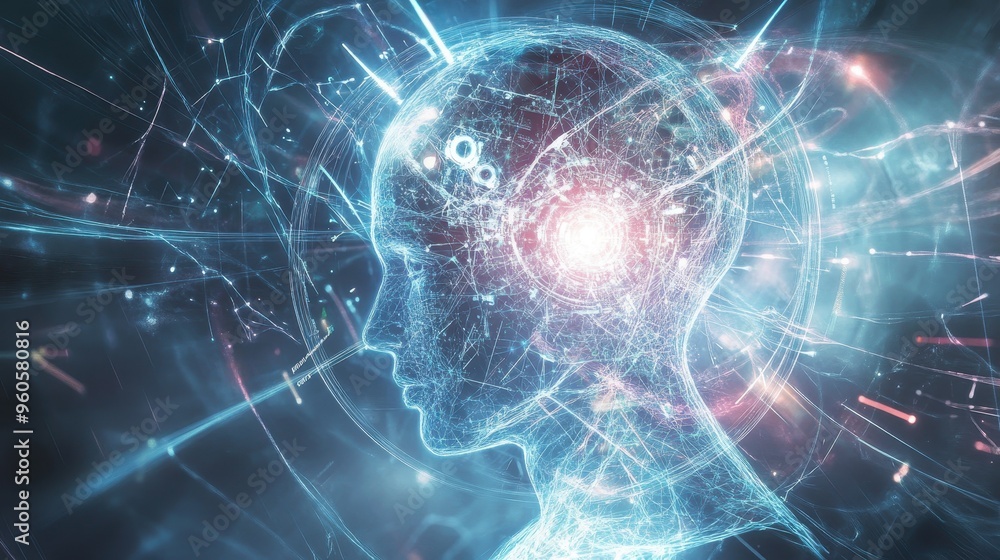 Poster futuristic holographic robotic entity amidst illuminated ai connections - conceptual image of techno