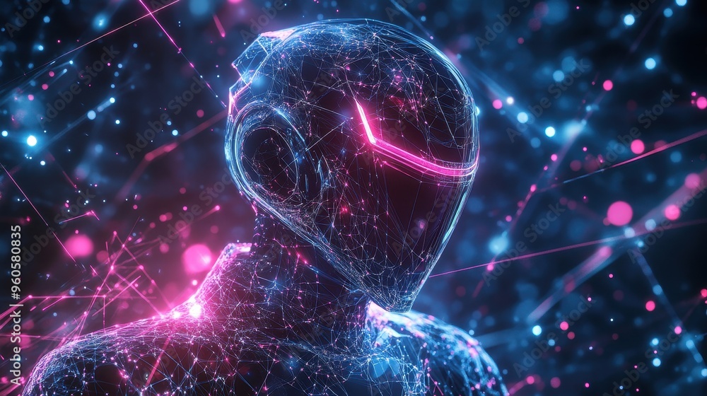 Poster digital innovation: futuristic holographic robot representing idea connection and intelligence in ab