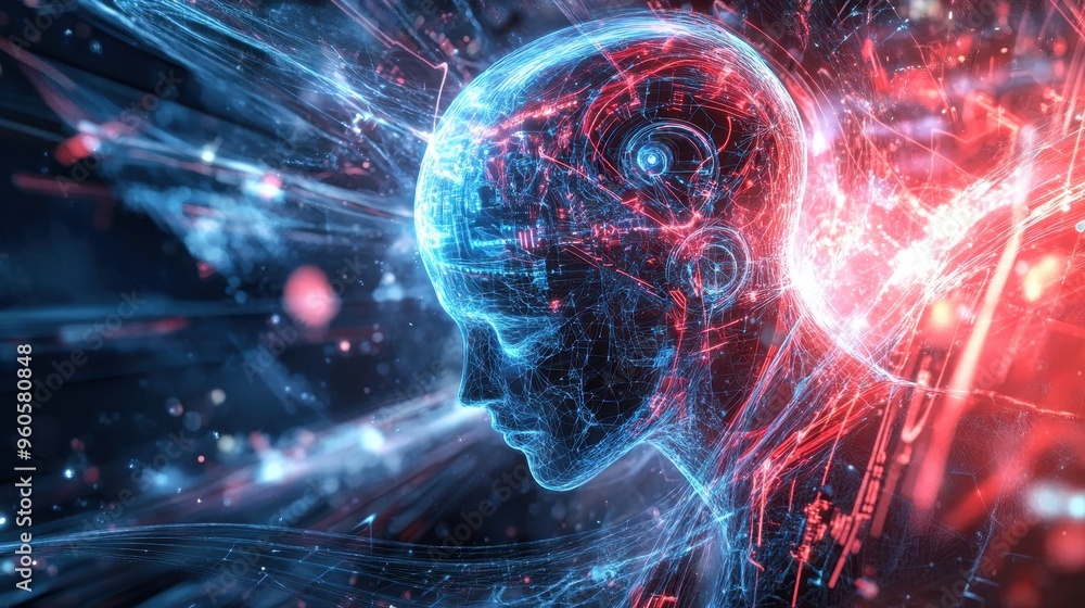 Poster futuristic holographic robotic entity in ai science concept with swirling light beams and intricate 