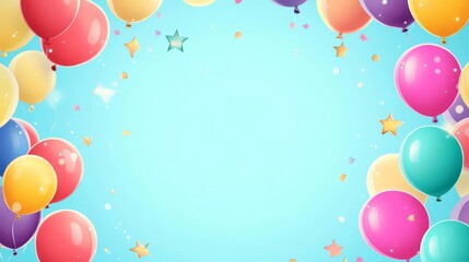 Colorful balloons and stars frame a bright blue background, perfect for celebrations, invitations, or festive designs.