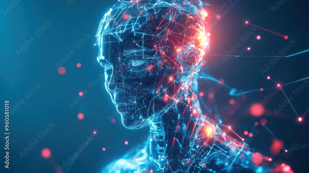 Poster futuristic holographic robot connected to network of glowing lines and digital patterns representing