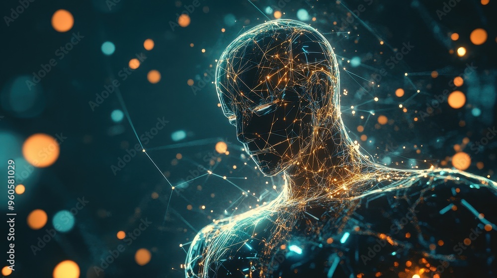 Aufkleber digital intelligence: futuristic robot hologram with glowing lines and abstract connections