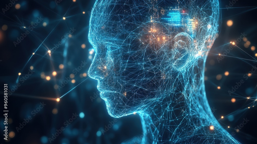 Poster futuristic holographic robot connected to network of glowing lines and abstract digital patterns