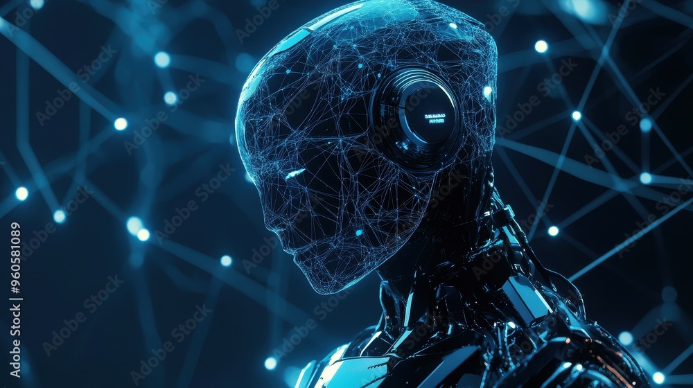 Poster holographic futuristic robot with glowing lines representing intelligence flow