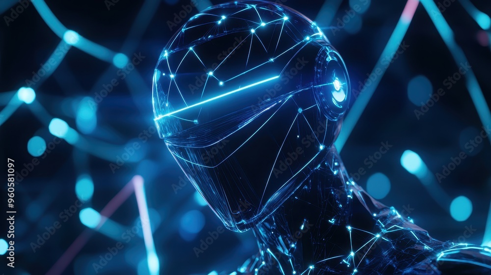 Aufkleber digital innovation: futuristic holographic robot with glowing lines representing intelligence flow