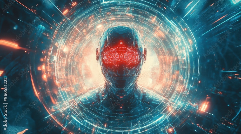 Poster futuristic holographic robot in digital universe - abstract concept of artificial intelligence and t
