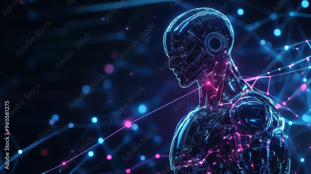 Poster futuristic holographic robot with glowing lines representing connectivity in digital intelligence sp