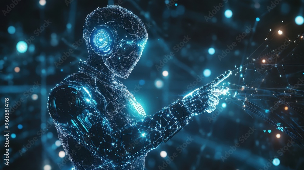 Poster futuristic holographic robot with illuminating lines representing digital intelligence connection