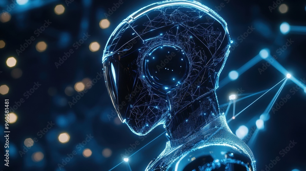Poster futuristic holographic robot with glowing connective lines representing innovation and intelligence 