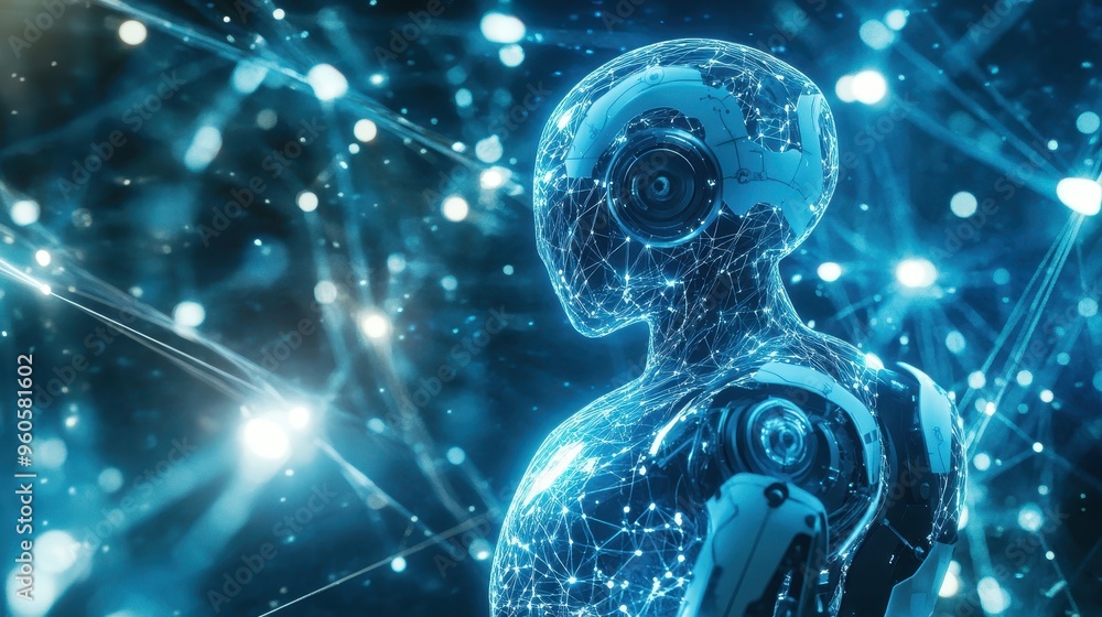 Poster futuristic holographic robot in a network of ideas and ai connections