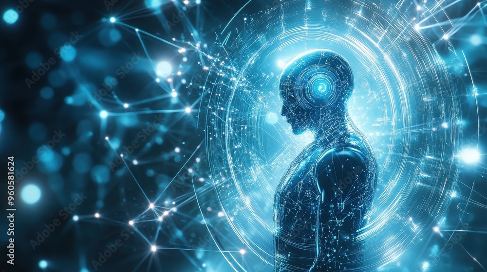 Poster futuristic holographic robot surrounded by illuminated connections - conceptual representation of ar