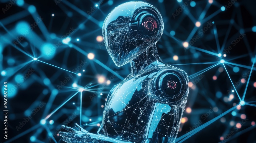 Poster futuristic holographic robot connected to digital network of glowing lines and patterns