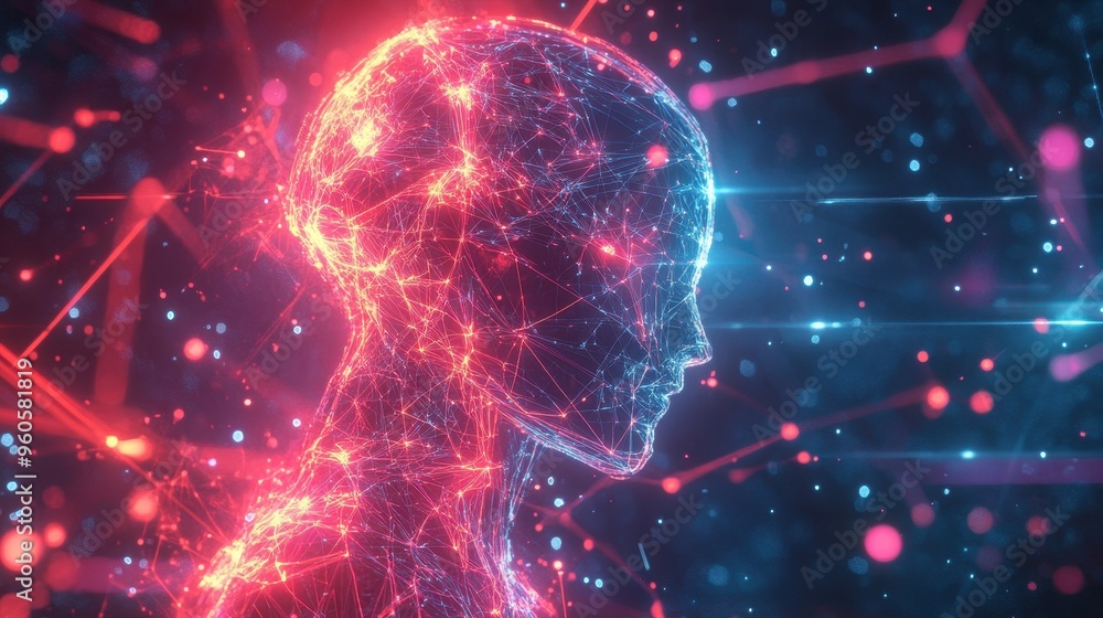 Poster futuristic holographic robot entity connecting to network of ideas and intelligence