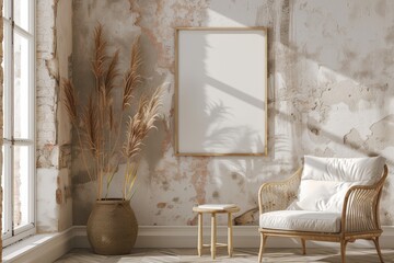 A white room with a black framed picture on the wall and a white chair,generative ai image