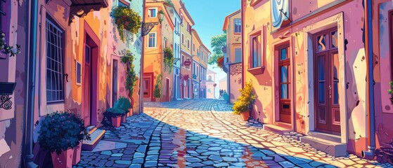 Fototapeta premium Charming Historic Townscape: Cobblestone Streets and Vintage Architecture