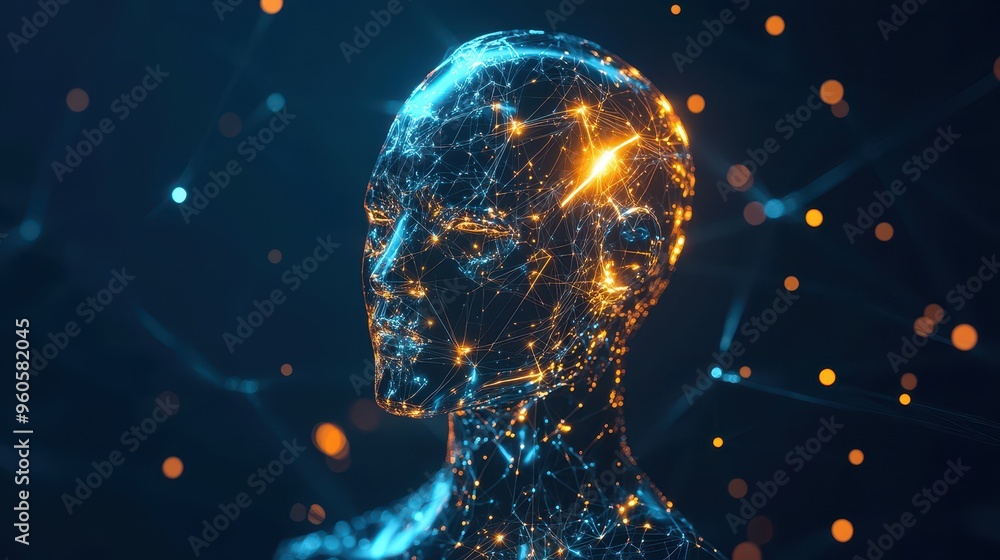 Poster futuristic holographic robot with abstract light streams - concept of scientific intelligence and id