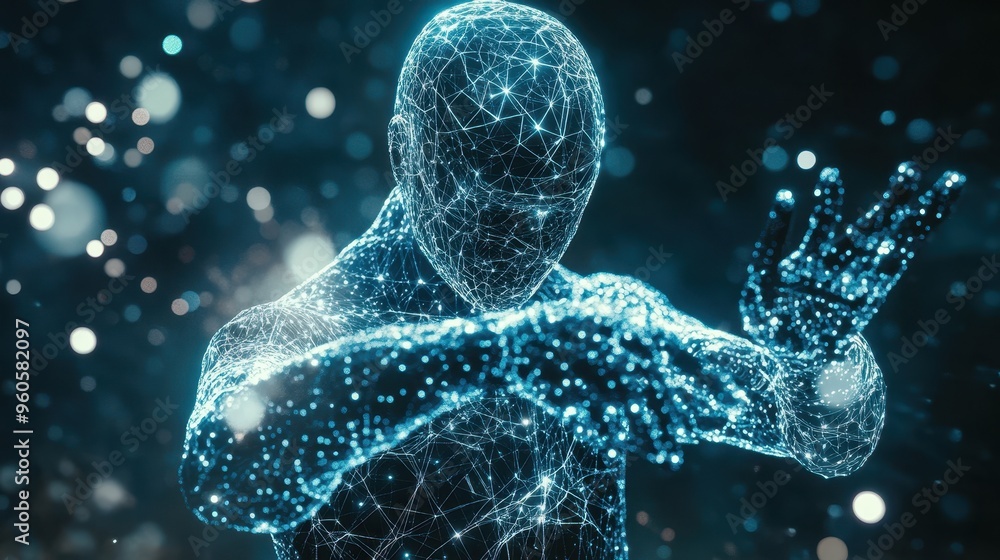 Poster digital intelligence: futuristic holographic robot with glowing patterns and interconnected lines