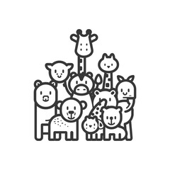 Naklejka premium Group of Adorable Cartoon Animals in Line Art Style