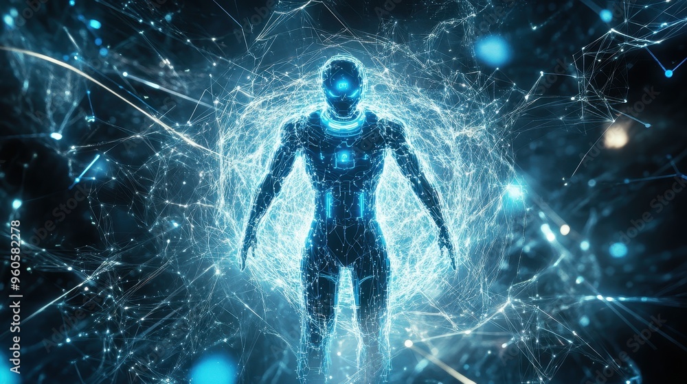 Poster technological fusion - futuristic holographic robot in a network of illuminated ideas and ai connect