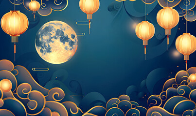 Mid Autumn Festival banner with copy space. Flat cartoon frame with background of night sky, full moon, chinese lanterns and clouds. Traditional Chinese national harvest autumn holidays.