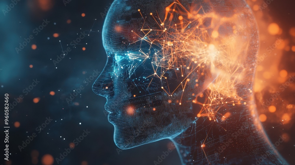 Aufkleber digital visionary - futuristic holographic robot with abstract connections and light beams represent
