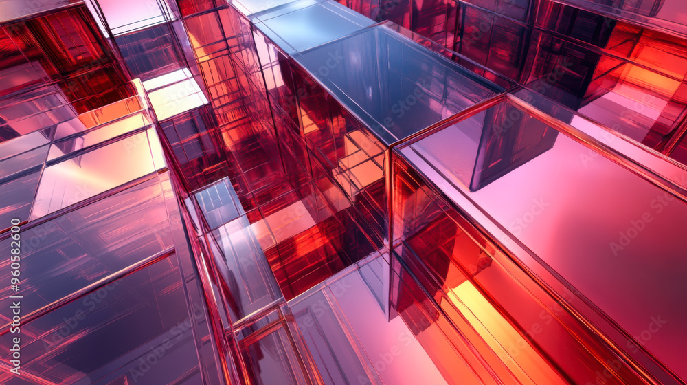 Poster abstract geometric design featuring vibrant colors and translucent shapes in a futuristic setting du