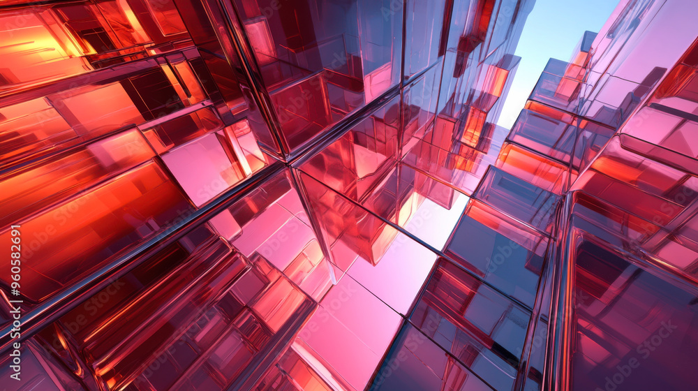 Poster abstract geometric design featuring vibrant colors and translucent shapes in a futuristic setting du