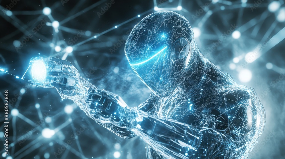 Poster virtual reality of advanced ai: futuristic robot hologram with science and intelligence connections