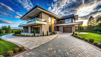 Fototapeta premium doors,architecture, stone, building, walkway, home, real estate, villa, big, spacious, large, stylish, Large modern house with stone and walkway captured from a wide angle perspective