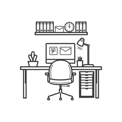 Line art illustration of a simple office desk setup