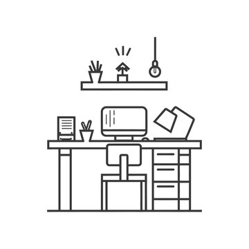 recommend clip art: Line art illustration of a simple office desk with a computer chair and shelf
