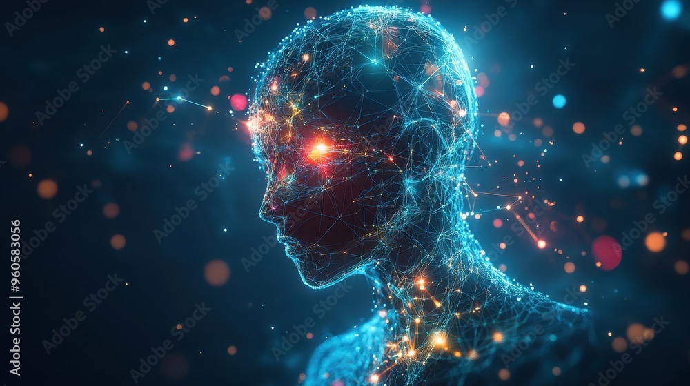 Poster futuristic holographic robot with glowing patterns representing artificial intelligence concept