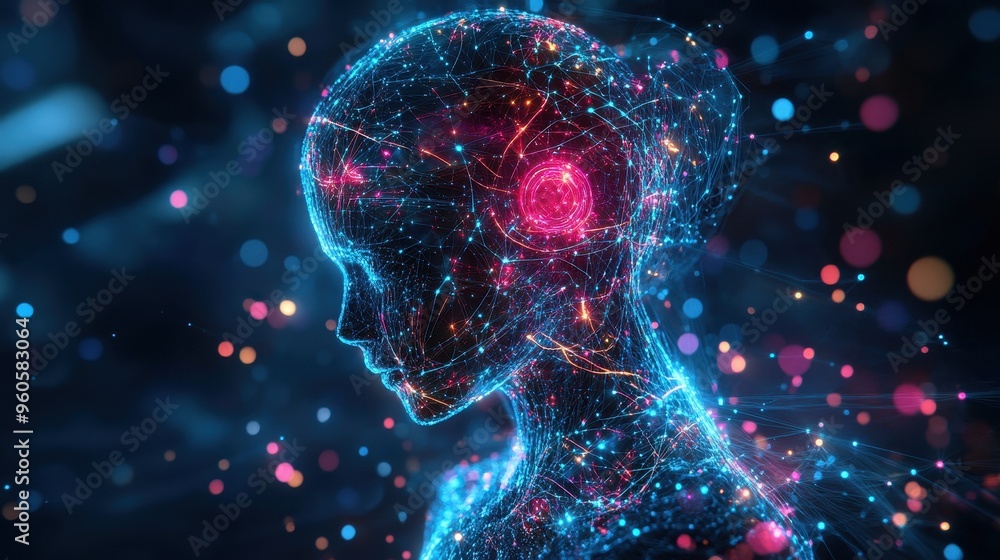 Poster futuristic holographic robot with glowing patterns and ai intelligence symbolized by interconnected 