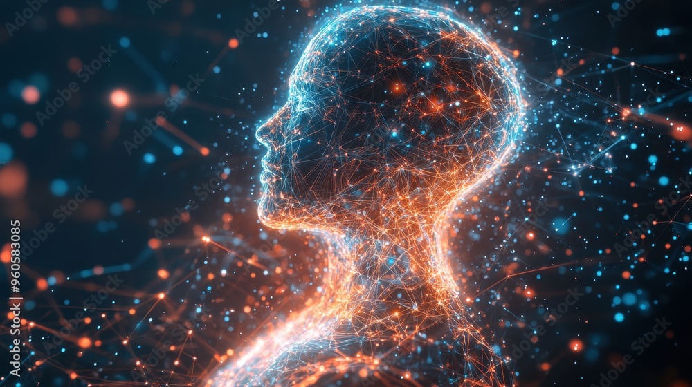 Poster futuristic holographic robot with glowing patterns and ai intelligence symbolism