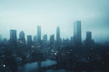 A distant view of a city's skyline through the rain, with tall buildings fading into the mist.