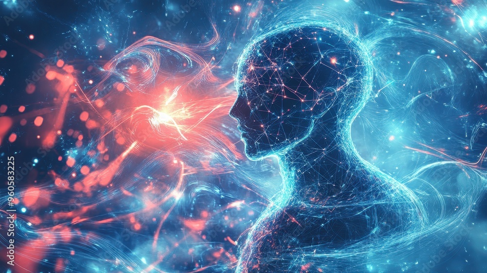 Poster futuristic holographic robot in digital space with flowing light lines of ideas and connections