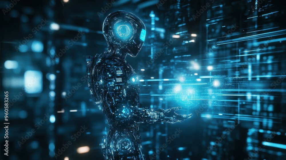 Poster digital future: holographic robot embodying ai and scientific concepts with light streams and abstra