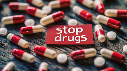 A vibrant collection of colorful pills surrounding a wooden sign advocating to stop drug use on a textured surface