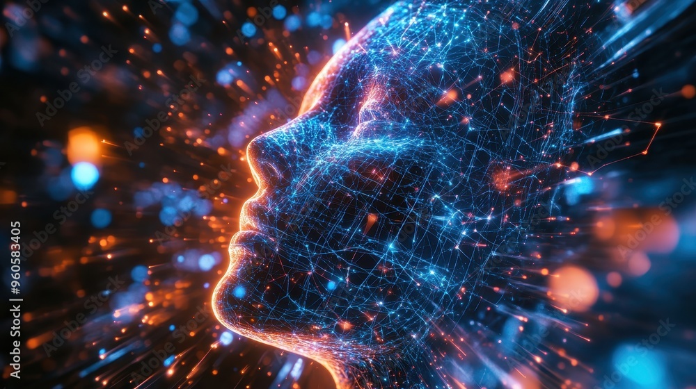 Poster cybernetic hologram of abstract intelligence - futuristic robotic entity surrounded by intricate lig