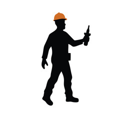 a man in construction worker costume carrying drill power tool. vector illustration silhouette,