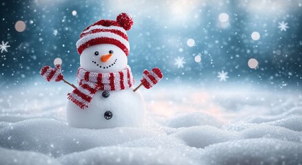 Panoramic view of happy snowman in winter secenery with copy space
