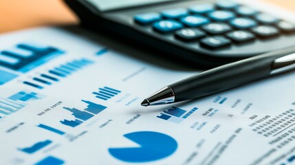 business and finance concept of financial chart, pen, calculator and pen