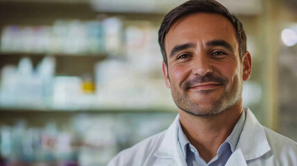 Fototapeta premium Friendly pharmacist assisting customers in a busy pharmacy filled with health products during the day