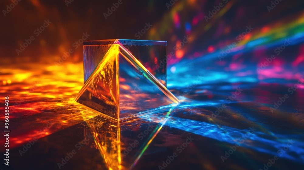 Poster A laser beam passes through a clear prism, resulting in a dazzling array of colorful light patterns on a reflective surface. The interplay of light creates a mesmerizing effect