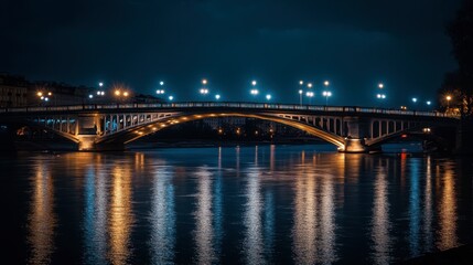 Naklejka premium A bridge illuminated by streetlights at night, with reflections shimmering in the river below.