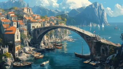 A bridge in a coastal town, with fishing boats docked nearby and the ocean stretching out beyond.