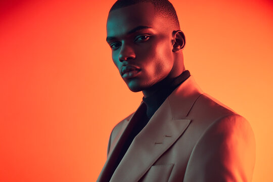 Bold Men in Light Brown Suit with Solid Neon Coral Background Fashion Portrait