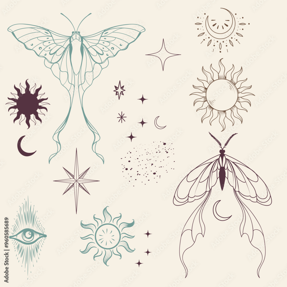 Poster collection of boho vector butterflies, elegant mystic, magic set of elements